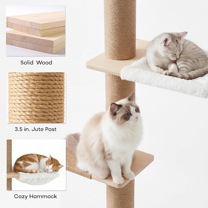 Floor to Ceiling Cat Tree,5 Tier Adjustable Height Climbing Tower | 6-10.1 FT with Sisal Scratching Posts, Cats Activity with Cozy Hammock for Indoor Cats (Floor to Ceiling)