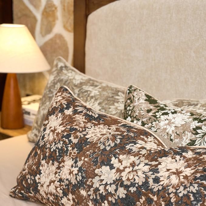 Neutral Floral Pillow Cover 14 x 36 Inches, Vintage Chenille Accent Throw Pillow Cover Soft Decorative Farmhouse Accent Couch Pillow Cover for Living Room Bedroom, Coffee Brown