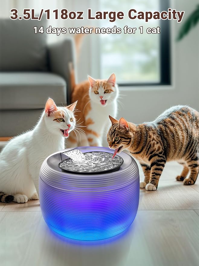 Kastty 3.5L/118oz Large Capacity Cat Water Fountain for Cats Quiet FS75 | Automatic Pet Water Fountain for Cats Indoor with Water Level LED Light, Multi-Filtration Easy Cleaning Cat Fountains for Pet