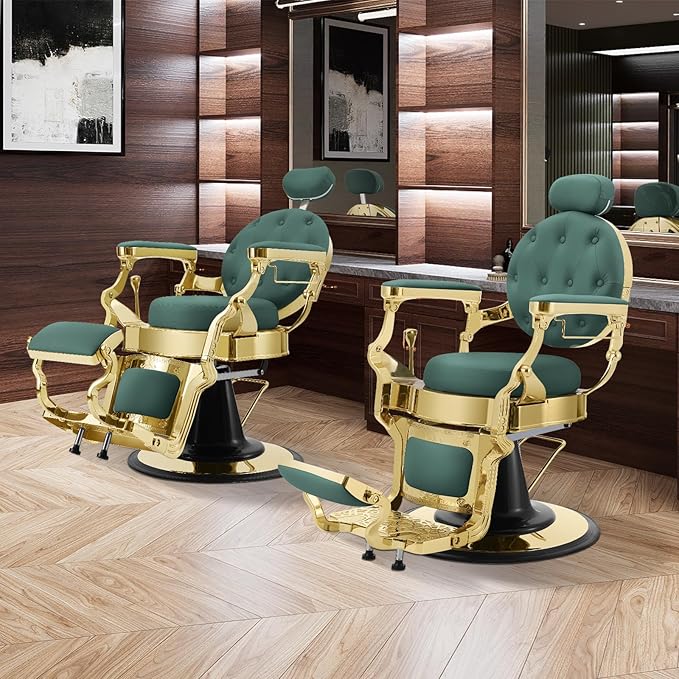 Barber Chair for Barbershop, Heavy Duty Recline Hair Salon Styling Chair with Removable Headrest, Professional Salon Beauty Spa Shampoo Equipment, Green Gold