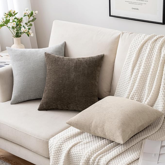 MIULEE Pack of 2 Beige Decorative Pillow Covers 20x20 Inch | Soft Chenille Couch Throw Pillows Farmhouse Cushion Covers for Home Decor Sofa Bedroom Living Room
