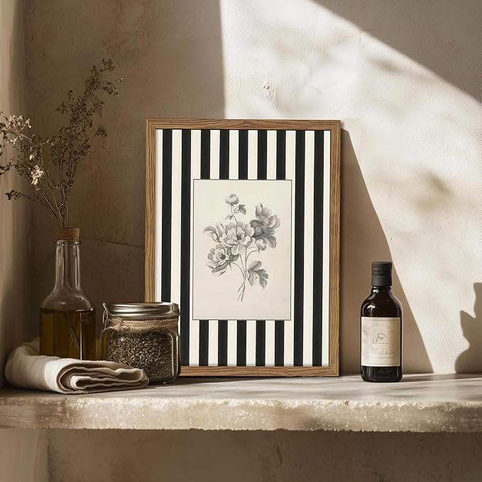 Framed Vintage Floral Wall Art, Black and White Stripes Flower Canvas Wall Decor Paintings, Minimalist Botanical Artwork Print Picture for Living Room Bedroom Bathroom 12x16 Inch