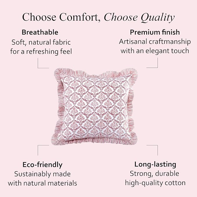 CPC Blush Rose Hand Block Print 100% Cotton Ruffle Throw Pillow Cover 24x24 inch with Hidden Zipper Decorative for Couch, Bed, Sofa, Farmhouse, Cottagecore Decor Gift Christmas Fall Thanksgiving