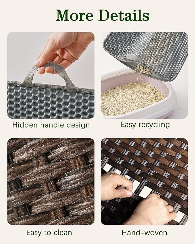 SETVSON Cat Litter Box Enclosure Furniture, Handwoven PE Rattan, Brown | Large Double-Door PE Rattan Kitty House, Fits Large Covered Litter Boxes, 2 Litter Mats, 2 S-Hooks, Metal Frame