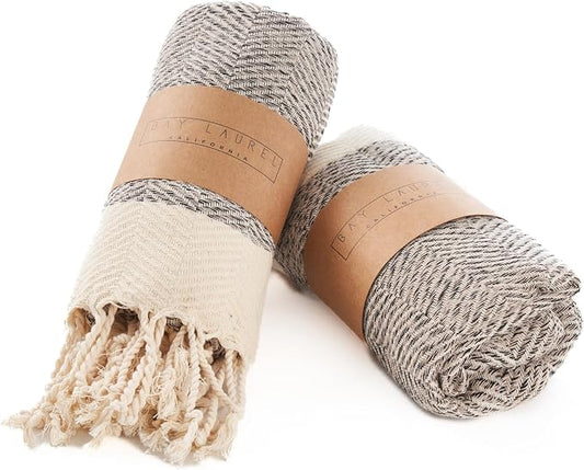 BAY LAUREL Turkish Hand Towel – Pack of 2 | Soft & Absorbent Decorative Towels for Bathroom, Hand, Face, Hair, Gym, Yoga, SPA, Kitchen & Tea | Boho Decor (Beige, Herringbone 15x26 Inches (Set of 2)