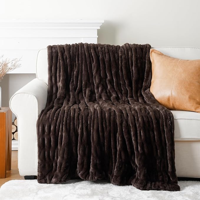 BATTILO Dark Brown Faux Fur Throw Blanket for Bed, Double Side, 60"x80" | Brown Throw Blanket Soft Cozy Warm Minky Blanket, Double Side Reversible Ruched Rabbit Fur Blanket for Living Room