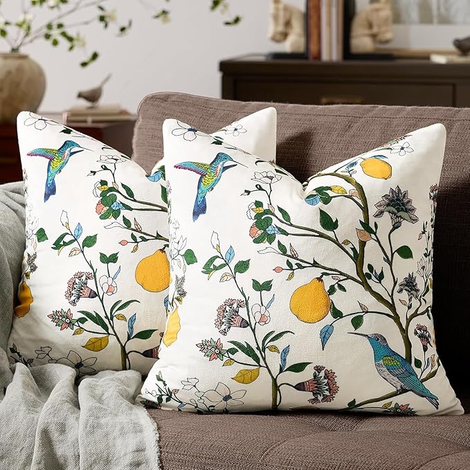 MUSSEL Ivory White Velvet Floral Decorative 20x20 Pillow Covers Set of 2 | Durable Sturdy,Botanical Printed Pattern,Throw Pillows Case,Square,Colorful Mid Century Cushion Covers,Sofa Couch Decor