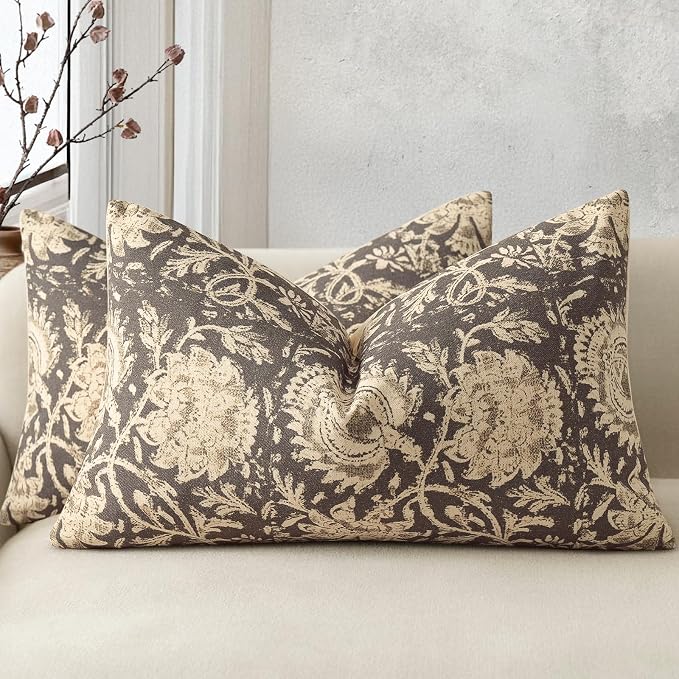 Vintage Floral Print Throw Pillow Covers 12x20 Set of 2 Neutral Modern Farmhouse Pillow Cases Accent Decorative Cushion Covers Boho Home Decor for Couch Sofa Chair Bed Living Room, Rustic Gray