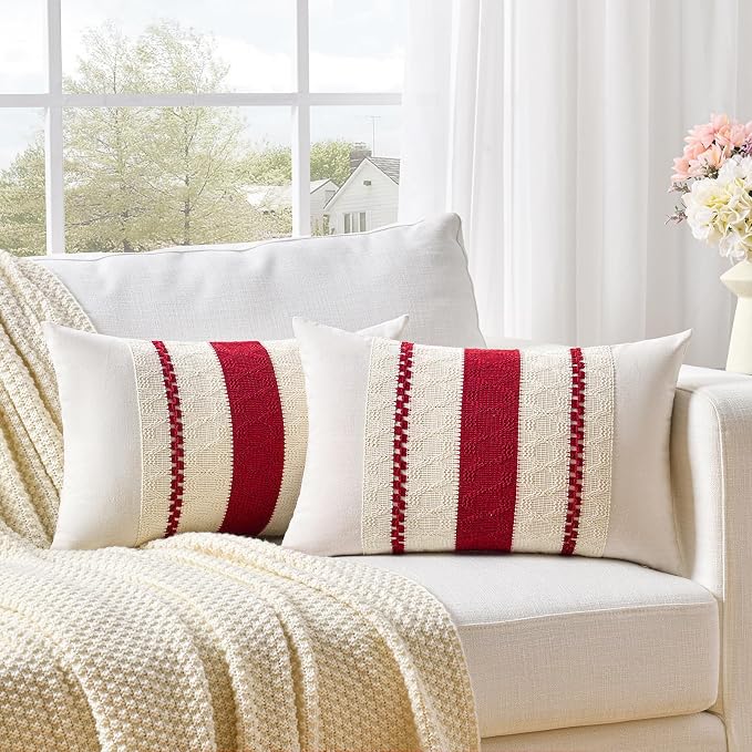 Fancy Homi Set of 1 Boho Red Long Lumbar Decorative Throw Pillow Cover 12x24 Inch for Couch Bed Sofa Chair, Modern Organic Farmhouse Home Decor, Soft Cotton Cute Accent Rectangle Cushion Case