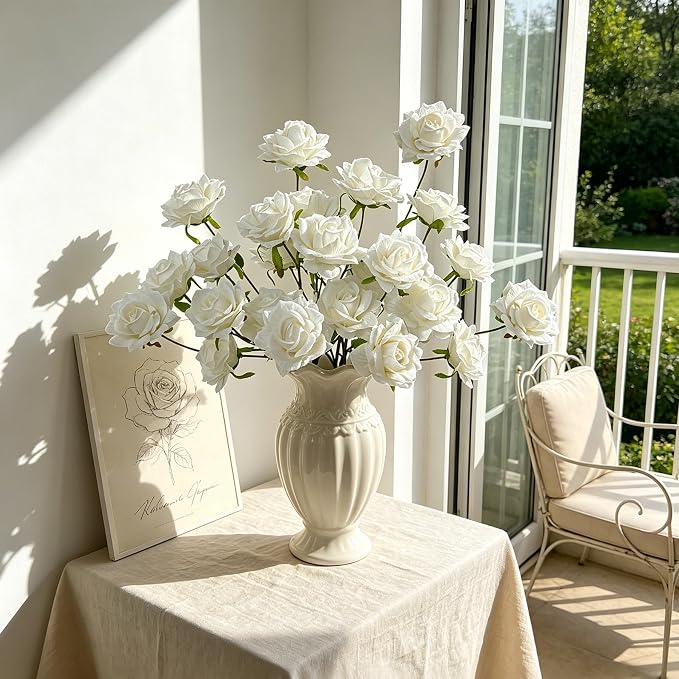 INXUGAO Artificial Flowers Fake Roses, 10 Pcs 28" Long Stem Silk White Roses for Outdoor Indoor, Realistic Faux Flowers for Tall Planter Vase Porch Patio Decor