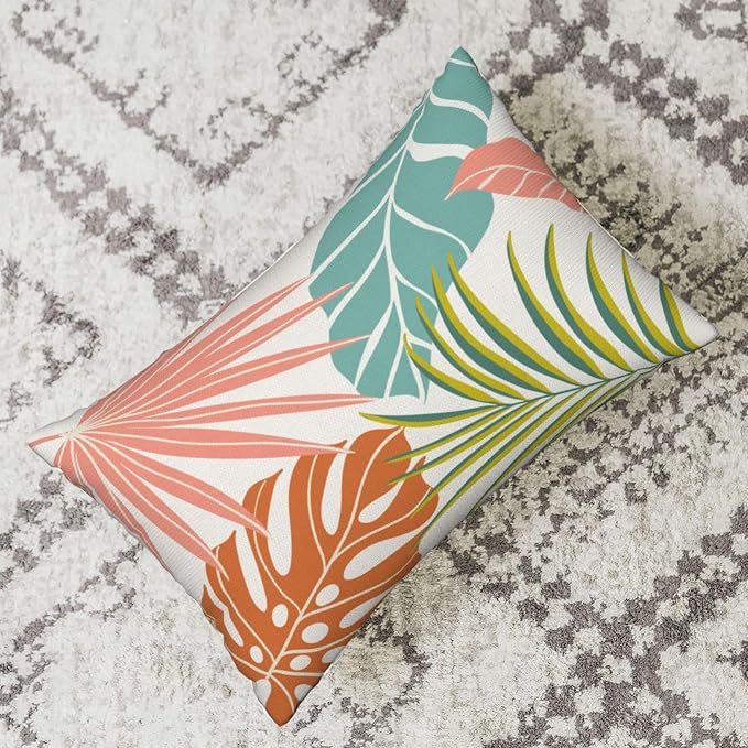 Summer Tropical Pillow Covers 12x20 Set of 2, Monstera Palm Leaf Pillowcase Green Orange Botanical Coral Summer Throw Pillows Outdoor Decor Farmhouse Cushion Case Linen Decorative for Home