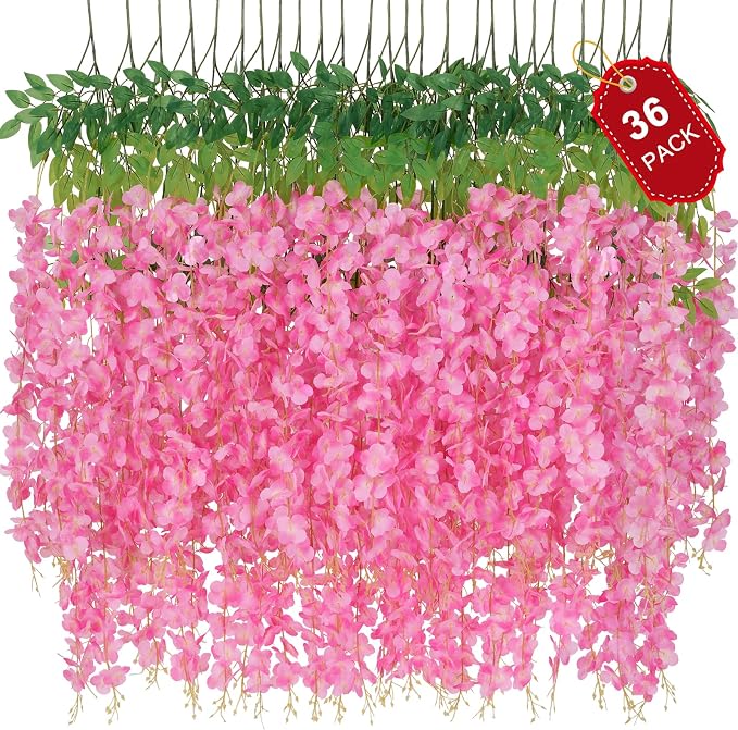 36 Pack Wisteria Hanging Flowers, 3.6 Feet/Pcs Pink Wisteria Artificial Flowers, Fake Flowers Garland, Hanging Vines for Bedroom Wedding Home Party Wall Decoration