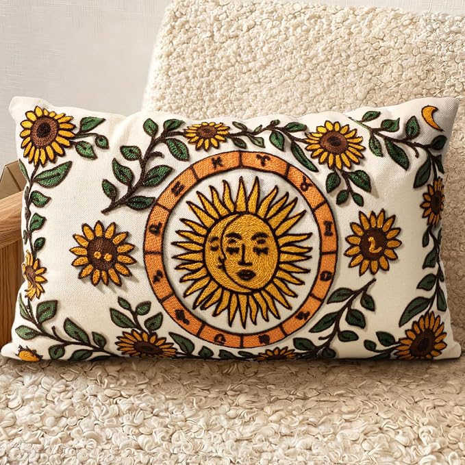 Embroidered Lumbar Pillow Cover 20x12 Inch, Sunflower Moon | Decorative Throw Pillow Cover, Farmhouse Boho Cushion Case with Hidden Zipper, Autumn Decor for Couch, Sofa, Living Room