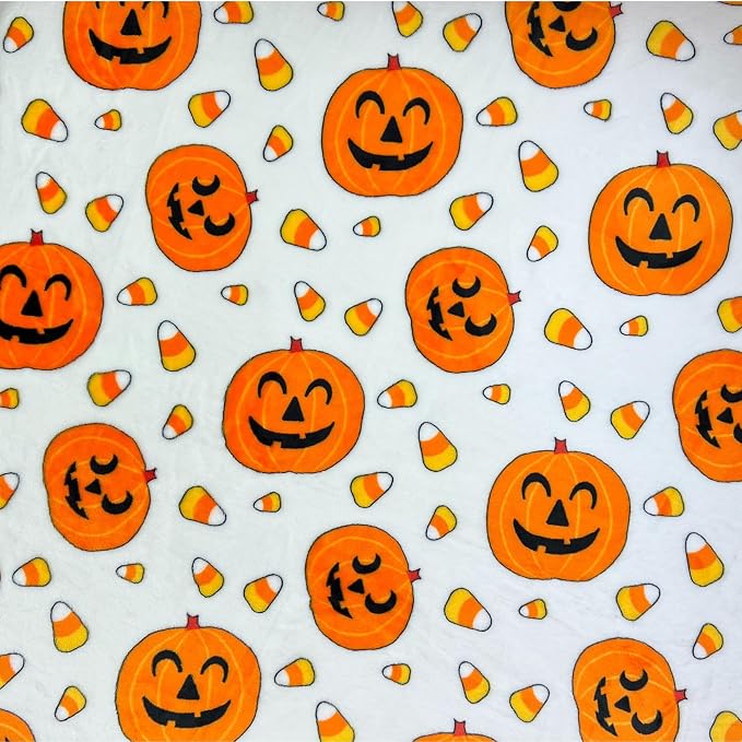 Halloween Fleece Throw Blanket, Jack-O'-Lanterns with Candy Corn, 50x70 in | Ultra-soft cozy flannel fleece, for sofa couch bed chair & dorms, spooky Halloween décor, durable and machine washable.
