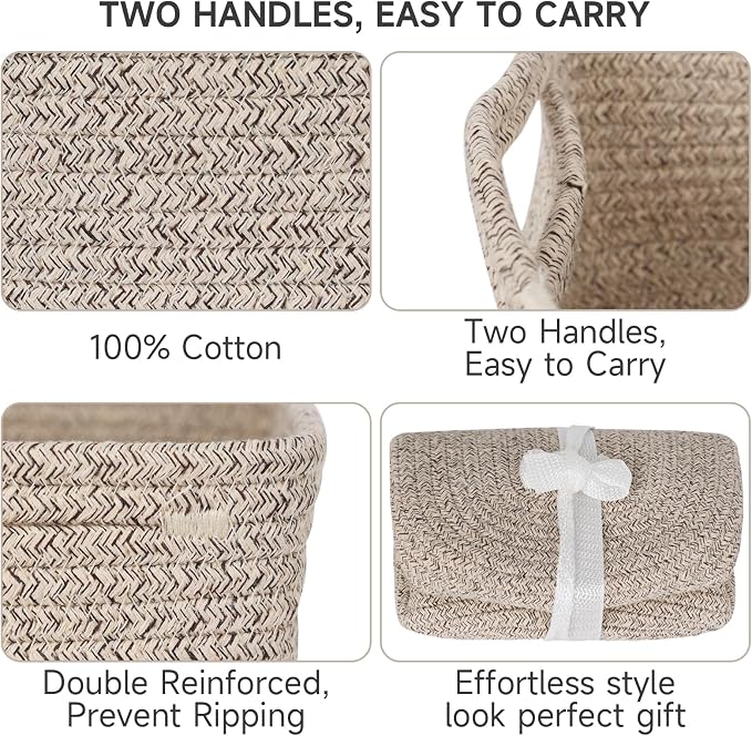 3 Pack Storage Baskets for Organizing, 13.7×9.5×6.3", Mixed brown | Woven Baskets for Shelves, Cotton Rope Basket for Gifts Empty, Closet Organizer Bins with Handles, Cube Decorative Box