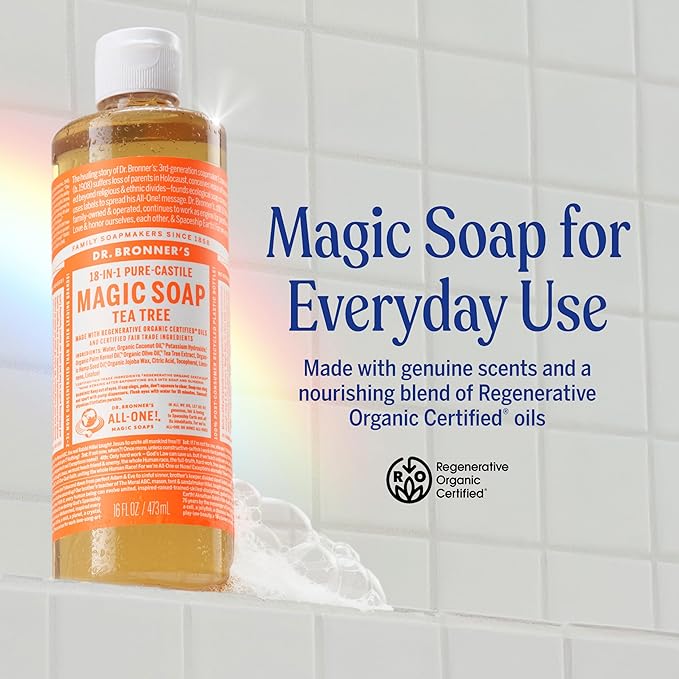 Dr. Bronner's Pure-Castile Magic Soap Liquid (Tea Tree, 16 Ounce, 2-Pack)-Made with Regenerative Organic Certified Oils, 18-in1 Uses: Face, Hair, Hand & Body Soap, Laundry- Concentrated, Vegan
