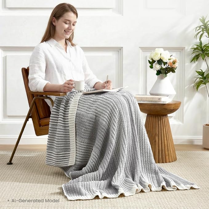 Premium Chenille Throw Blanket, Soft Cozy Luxury Two-Tone Knit Blanket for Couch, Sofa, Chair, Home Decor, Grey & Ivory 50"x60"