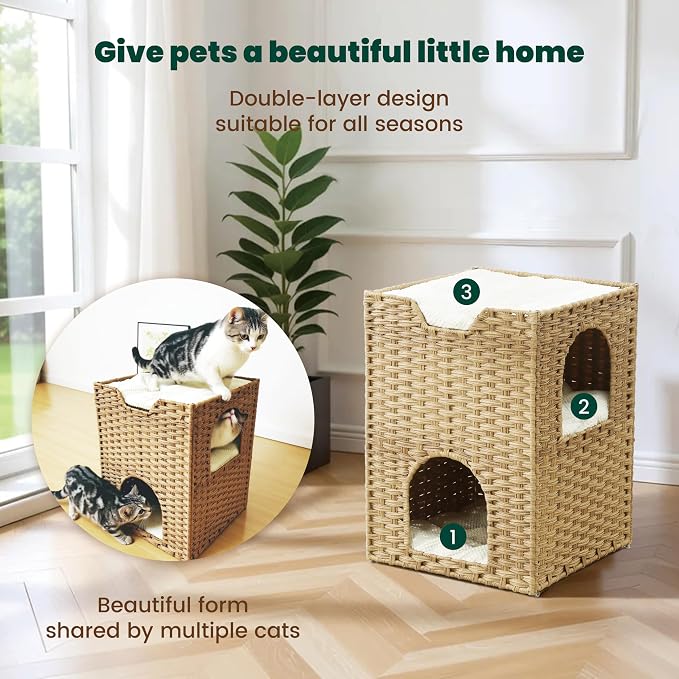 Safety Triple-Layer Cat House for Indoor Cats - Hand-Woven Rattan Cat Cave with 2 Hideaways & 3 Soft Pads - Foldable & Sturdy Cat Condo Furniture for Multiple Cats & Small Pets, Easy Assembly