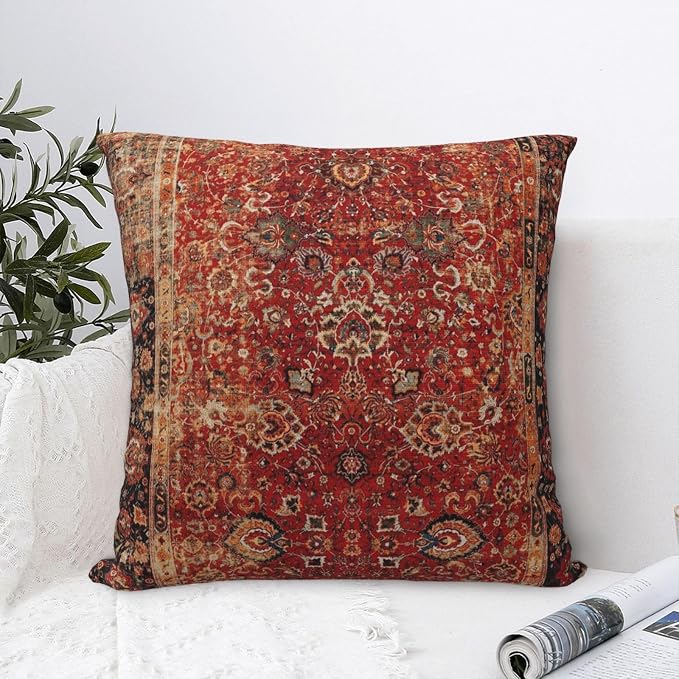 Antique Oriental Turkish Carpet Pattern Pillow Covers Decorative Square Throw Pillowcase 18x18 Inch Couch Cushion Cover for Home Decor Living Room Bedroom College Dorm Bed Car Sofa