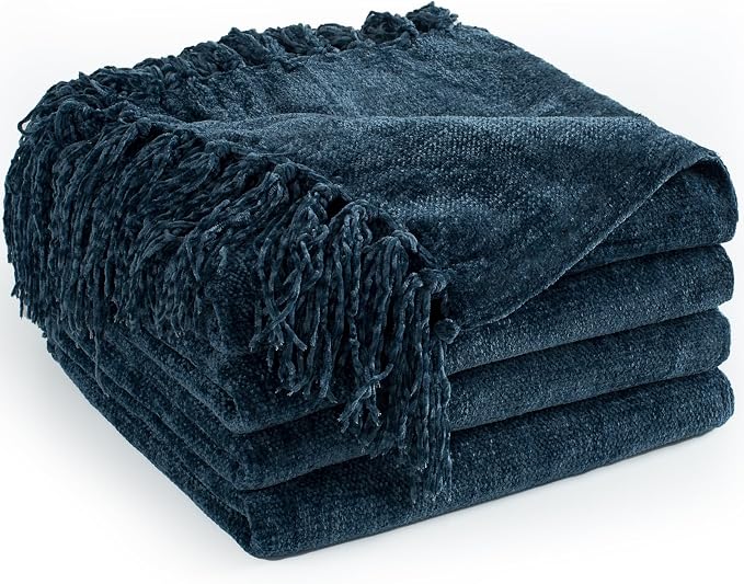 Chenille Throw Blanket for Couch 60" x 80" Twin, Navy Blue | Soft Cozy Warm Throws with Fringe Tassel, for Living Room Bed Sofa Chair Cover, Lightweight Knitted Decorative Boho Blankets