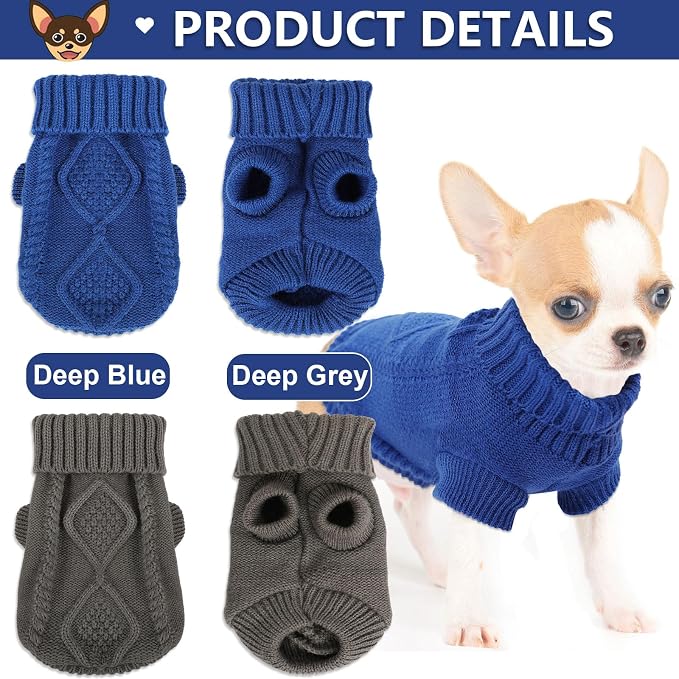 2 Pieces Dog Sweater for Small Dogs Winter Warm Dog Knitted Sweaters Cute Puppy Clothes for Chihuahua Teacup Yorkie Pet Cat Knitwear Turtleneck Thick Clothing XX-Small(0.9~2.4lbs)