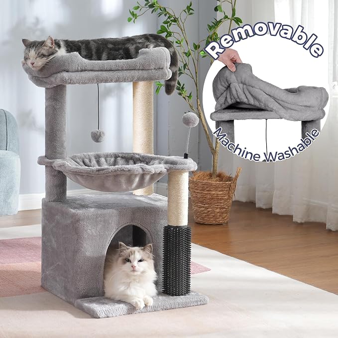 Cat Tree 32” Small Cat Tower with Large Hammock 16”& Self Groomer | Compact Cat Tree with Hammock 16” Dia, Removable Bed, Scratching Post & Self Groomer Small Cat Tree for Indoor & Adult Cats