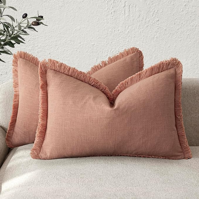 Foindtower Set of 2 Decorative Linen Fringe Lumbar Throw Pillow Covers Boho Farmhouse Cushion Cover with Tassels Soft Accent Pillowcase for Couch Sofa Bed Living Room Home Decor,12×20 Inch,Coral Pink
