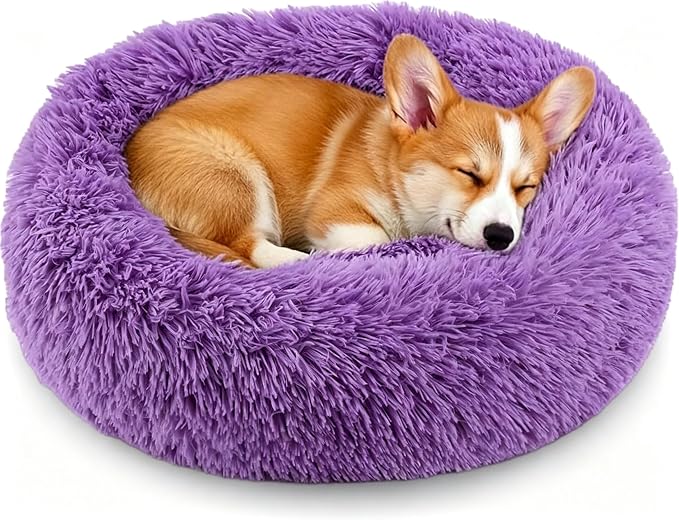 Calming Donut Dog and Cat Bed for Indoor Cats, Anti-Anxiety Round Fluffy Soft Washable Small Pet Bed for Puppy and Kitten, Warming Comfortable Luxury Anti-Slip Waterproof Mute Base 20in Purple