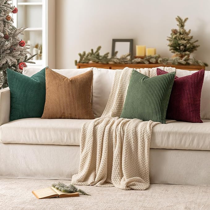MIULEE Soft Corduroy Decorative Throw Pillow Covers Christmas Green 18x18 | Set of 4, Mordern Nordic Christmas Decor, Green Red Accent Set, Boho Farmhouse Cushion Covers for Couch Bed Sofa Living Room