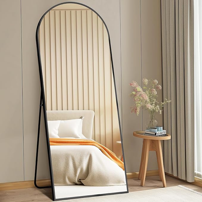 DUMOS 64"x21" Arched Full Length Mirror with Stand, Full Body Floor Mirror | Free Standing or Wall Mount, Nano Glass Aluminum Frame, Hanging or Leaning, Modern Simple Home Decor, Black