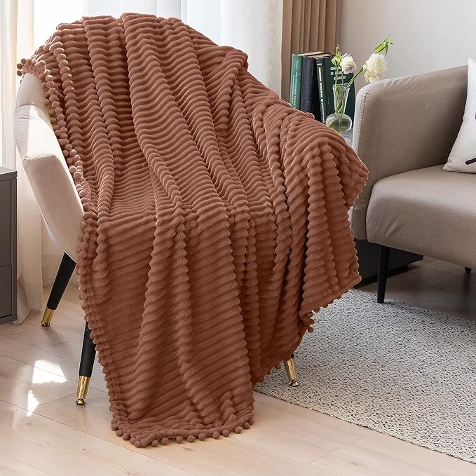 DISSA Fleece Blanket Twin Size – 60x80, Caramel – Soft, Plush, Fluffy, Fuzzy, Warm, Cozy – Perfect Throw for Couch, Bed, Sofa - with Pompom Fringe - Flannel Blanket Throw Blanket