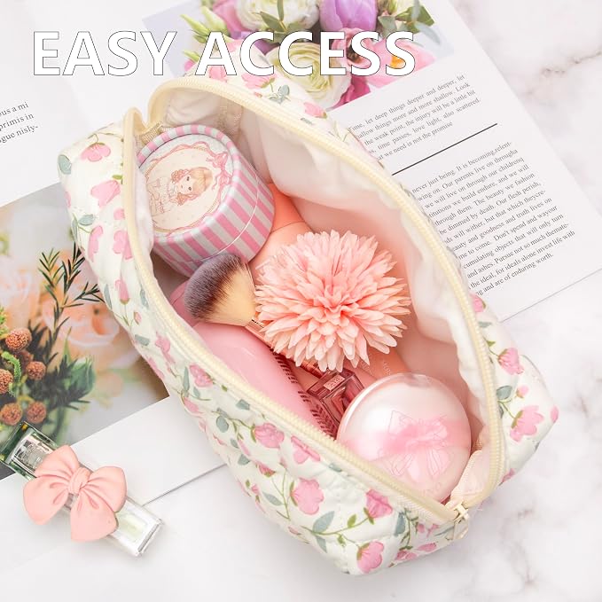 PAZIMIIK Small Quilted Makeup Bag,Zipper Cosmetic Pouch,Floral Pink,2 Pack | Lightweight Cosmetic Bag Organizer for Women,Purse Storage Holds Makeup,Toiletries,Skincare,Beauty Essentials,Travel Items