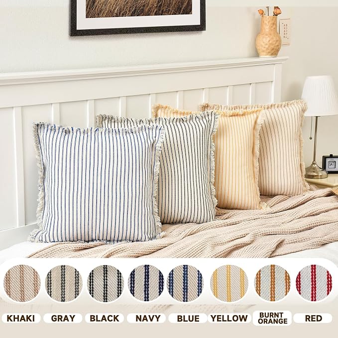 Fall Pillow Covers 16x16 Set of 2 Striped Pillow Covers with Fringe Chic Cotton Decorative Pillows Square Cushion Covers for Sofa Couch Bed Living Room Farmhouse Decor, (Burnt Orange)