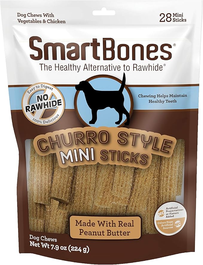 SmartBones Churro-Style Mini Sticks 28 Count, Made with Real Peanut Butter, Rawhide-Free Chews for Dogs, 7.90 Ounce (Pack of 1) | With Real Peanut Butter & Chicken, Easy To Digest Chew, No Artificial Preservatives or Flavors, For Adult Dogs