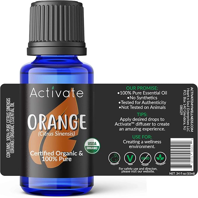 Activate Sweet Orange Organic Essential Oil 100% Pure, USDA Certified Organic, Premium Grade, Undiluted, Natural, Aromatherapy & Diffuser Use 10ml