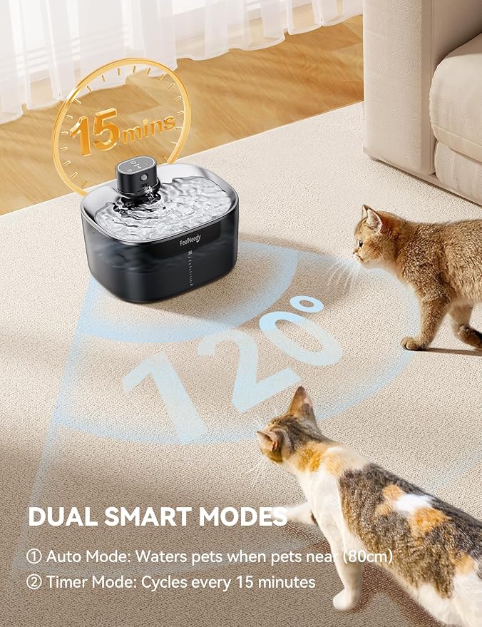 FEELNEEDY Wireless Cat Water Fountain, No Pump for Easy Cleaning, 4000mAh Detachable & Rechargeable Battery, Motion Sensor with Low Water & Power Alerts - Includes 6 Filters (4L/135oz)