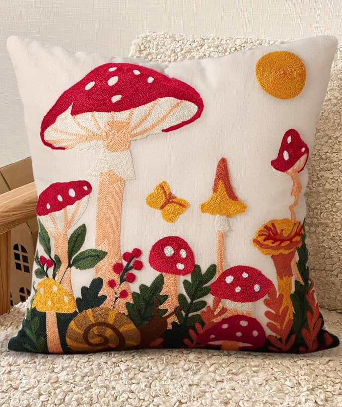 Embroidered Throw Pillow Cover 20x20 Inch, Mushroom Moon | Decorative Pillow Cover, Boho Cottagecore Cushion Case with Hidden Zipper, Home Decor for Couch, Sofa, Living Room, Bedroom
