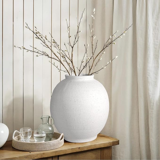 11" White Ceramic Vase, Large Round Ceramic Flower Vase | Artisan Handcrafted,Rustic Farmhouse Living Room Home Decor