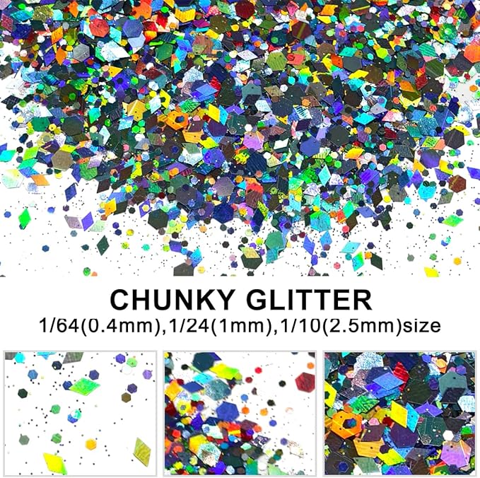 Dark Silver - Holographic Craft Glitter - 2oz Glitter Shaker Bright Colorful Mix Chunky Body Glitter Bulk - 24 Colors in Shaker, Cosmetic Grade Glitter - EBLB901