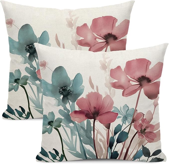 Spring Floral Pillow Covers 18x18 Inches Set of 2 Blue Pink Floral Throw Pillow Covers Outdoor Rustic Summer Flower Decor Pillowcase Farmhouse Decorative Cushion Cover for Home Sofa Couch