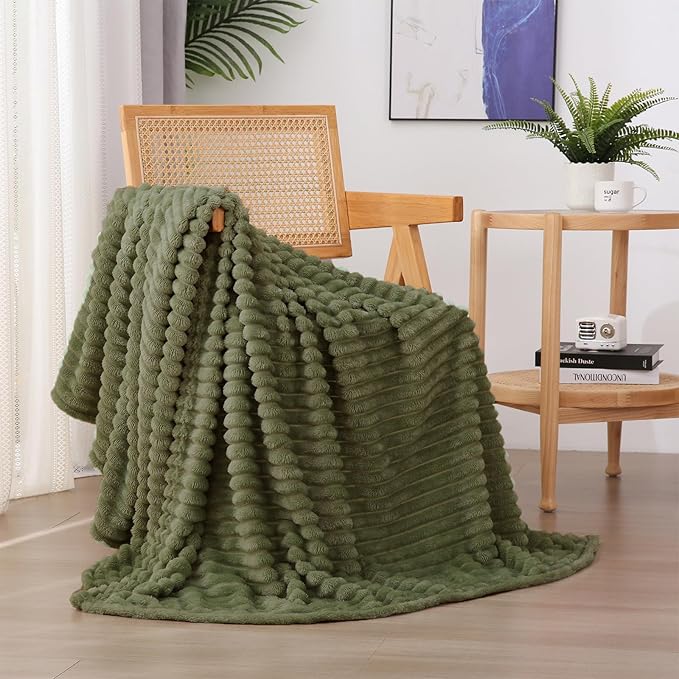 Olive Green Fleece Throw Blanket 50”×60” for Couch Sofa Livingroom | Super Soft Cozy Plush Microfiber Flannel Bed Blanket Striped Design Lightweight Home Decor Gifts for Adults Mom Women
