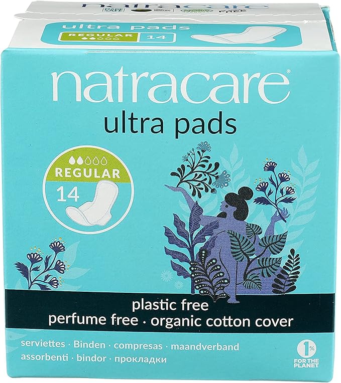Natracare Slim Fitting Ultra Pads with Wings, Regular, Made with Certified Organic Cotton, Ecologically Certified Cellulose Pulp and Plant Starch (1 Pack, 14 Pads Total)…