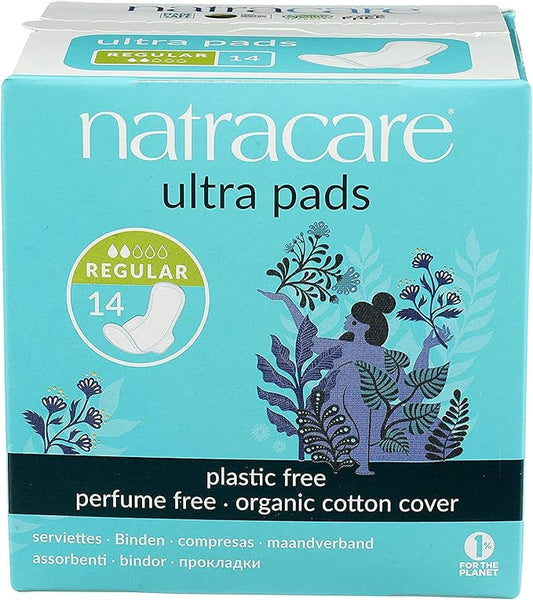Natracare Slim Fitting Ultra Pads with Wings, Regular, Made with Certified Organic Cotton, Ecologically Certified Cellulose Pulp and Plant Starch (1 Pack, 14 Pads Total)…