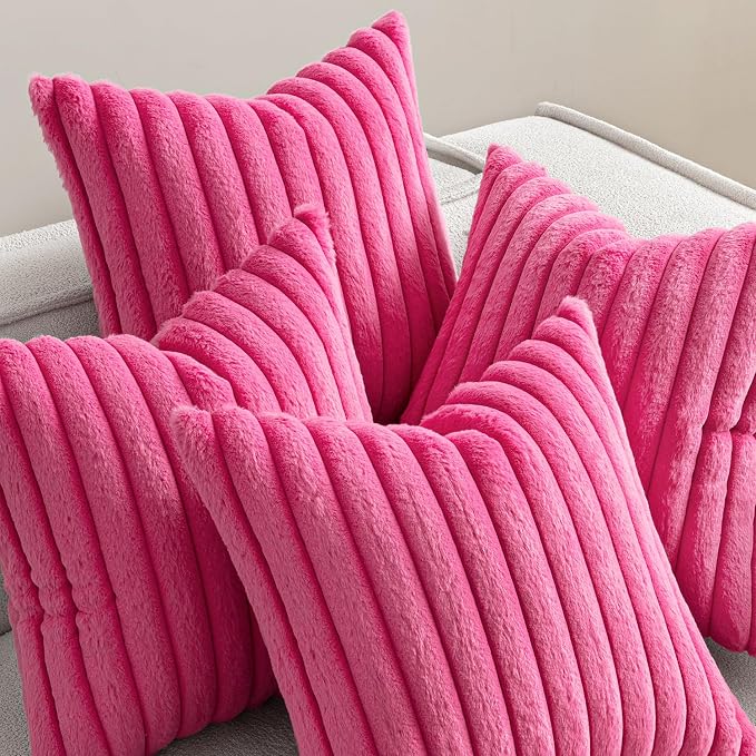 MIULEE Faux Fur Plush Decorative Throw Pillow Covers 18x18, Hot Pink | Set of 4, Striped, Soft Romantic Modern Home Decor, Cushion Cases for Sofa Couch Bed Living Room