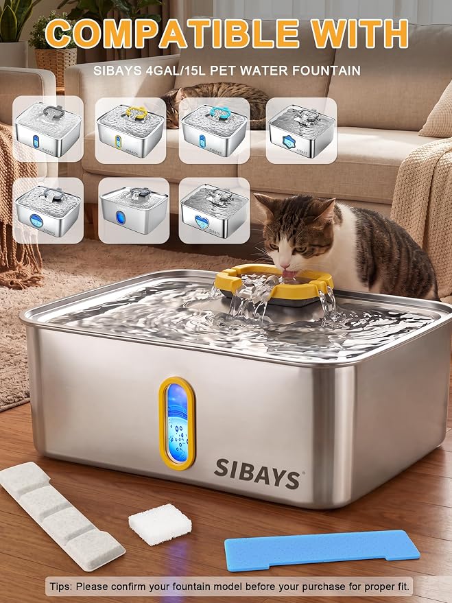SIBAYS Dog Water Fountain Filter Replacement for 4Gal/15L Stainless Steel Pet Fountains, Made of Activated Carbon and PP Cotton, 6 Pet Water Fountain Filter, 6 Pre-Filter Sponge with 6 Pump Sponge L05
