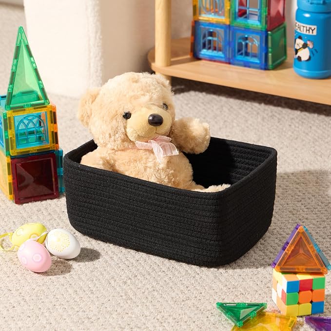 MiniArk Small Storage Baskets for Organizing | Closet Organizer Bins | Shelf Toy Basket | Woven Rope Baskets | Cube Decorative Box | Shallow Basket | 11.5x7.5x4.7” | 4 Packs Black