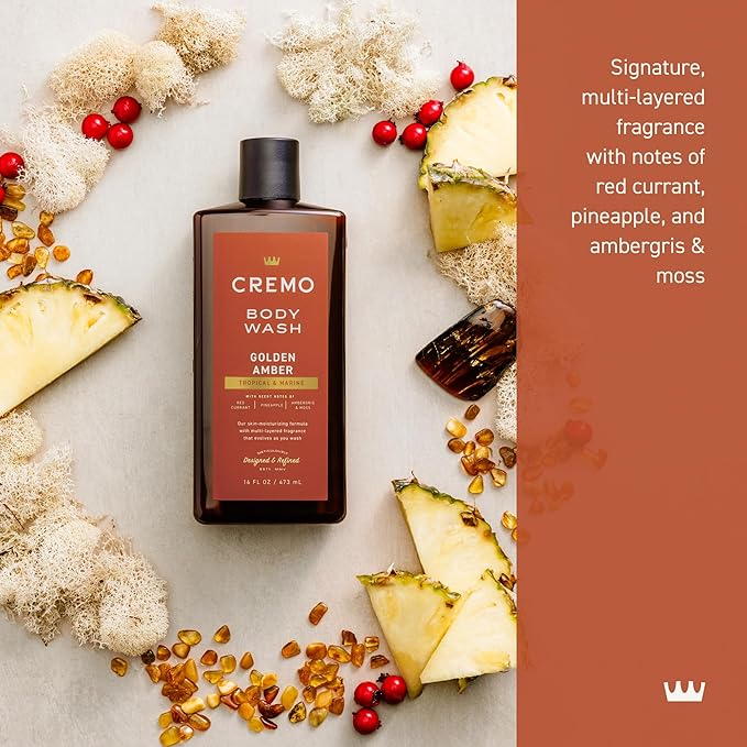 Cremo Body Wash Men, Notes of Red Currant, Pineapple, Ambergris and Moss, Rich-Lathering Golden Amber, 16 Fl Oz (Pack of 2)