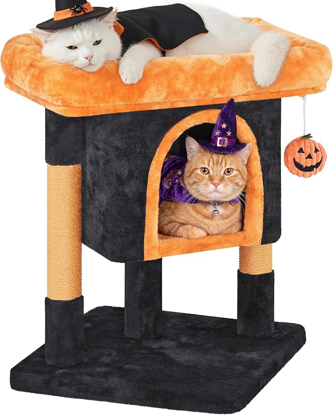 Yaheetech Halloween Cat Tree, Black/Pumpkin Orange Small Cat Tower | Fits small rooms, gothic cute cat bed, wide perch for lounge and scratch, assembles fast with included tools, halloween decor