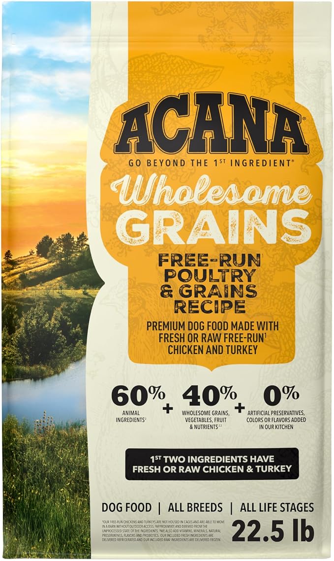 ACANA Wholesome Grains Dry Dog Food Poultry & Grains Recipe 22.5lb Bag | High Protein, Made in the USA, Includes Probiotics, Free-Run Poultry, Global Quality Ingredients