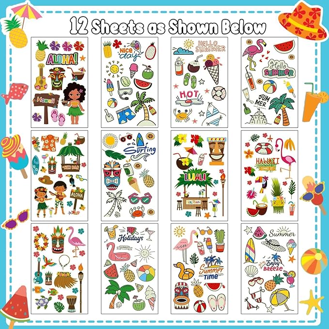 Partywind 190 Styles Luminous Hawaiian Luau Party Decorations, Glow Hawaiian Temporary Tattoos for Kids, Luau Tropical Pool Beach Party Supplies Favors (12 Sheets)
